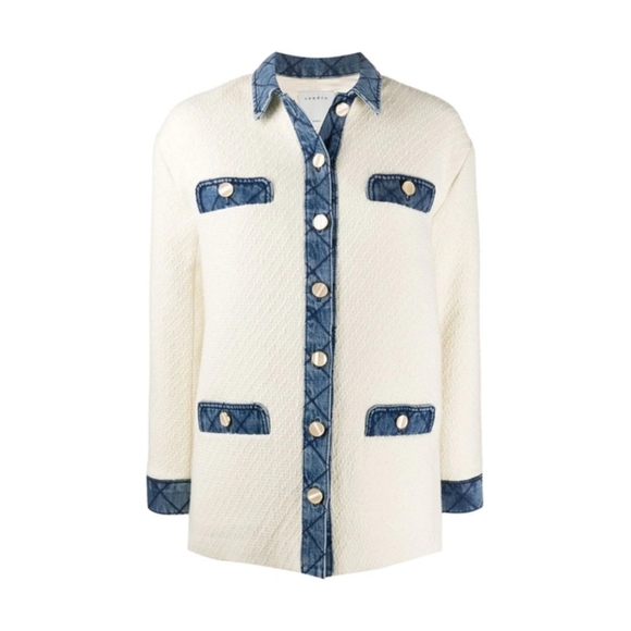 SANDRO Chelby Tweed Denim Jacket White Blue Coat 38 6 Medium - Picture 10 of 10